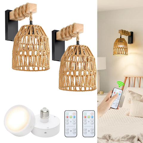 Espossi battery-operated wall sconce with rattan shade for cozy seaside vibes.