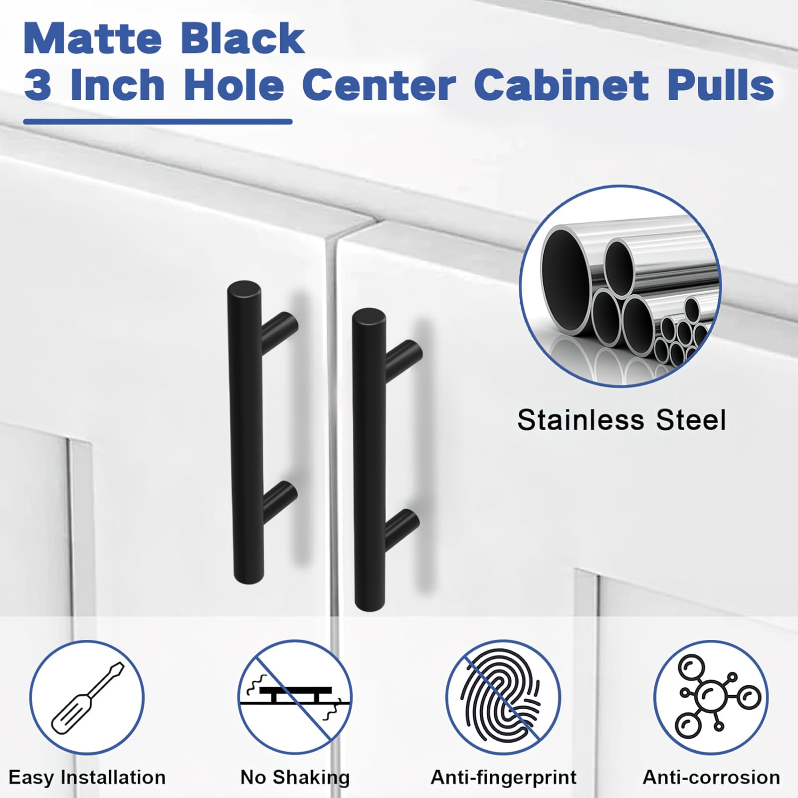 Estmoon matte black pulls with rounded edges for safer, smoother use.