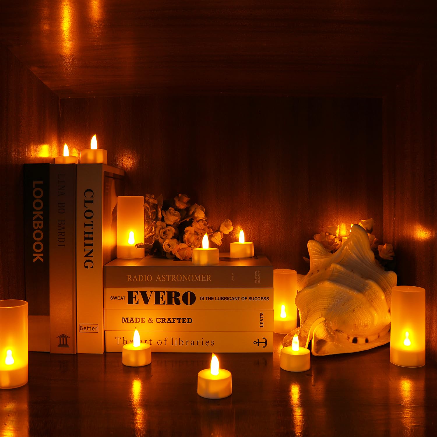 Esup flameless tea lights flicker with warm white light for safe home décor.