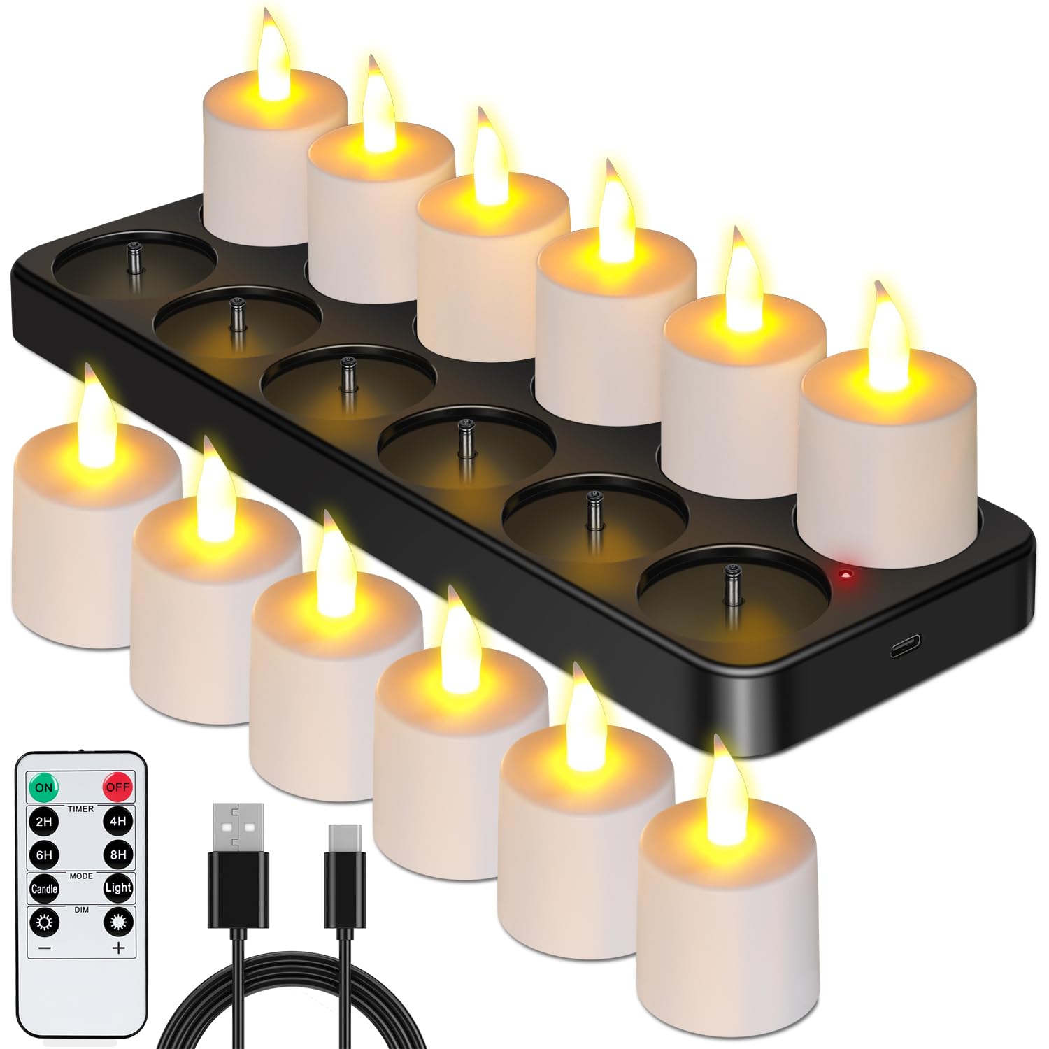 Esup rechargeable tea light set on base for continuous glow without replacements