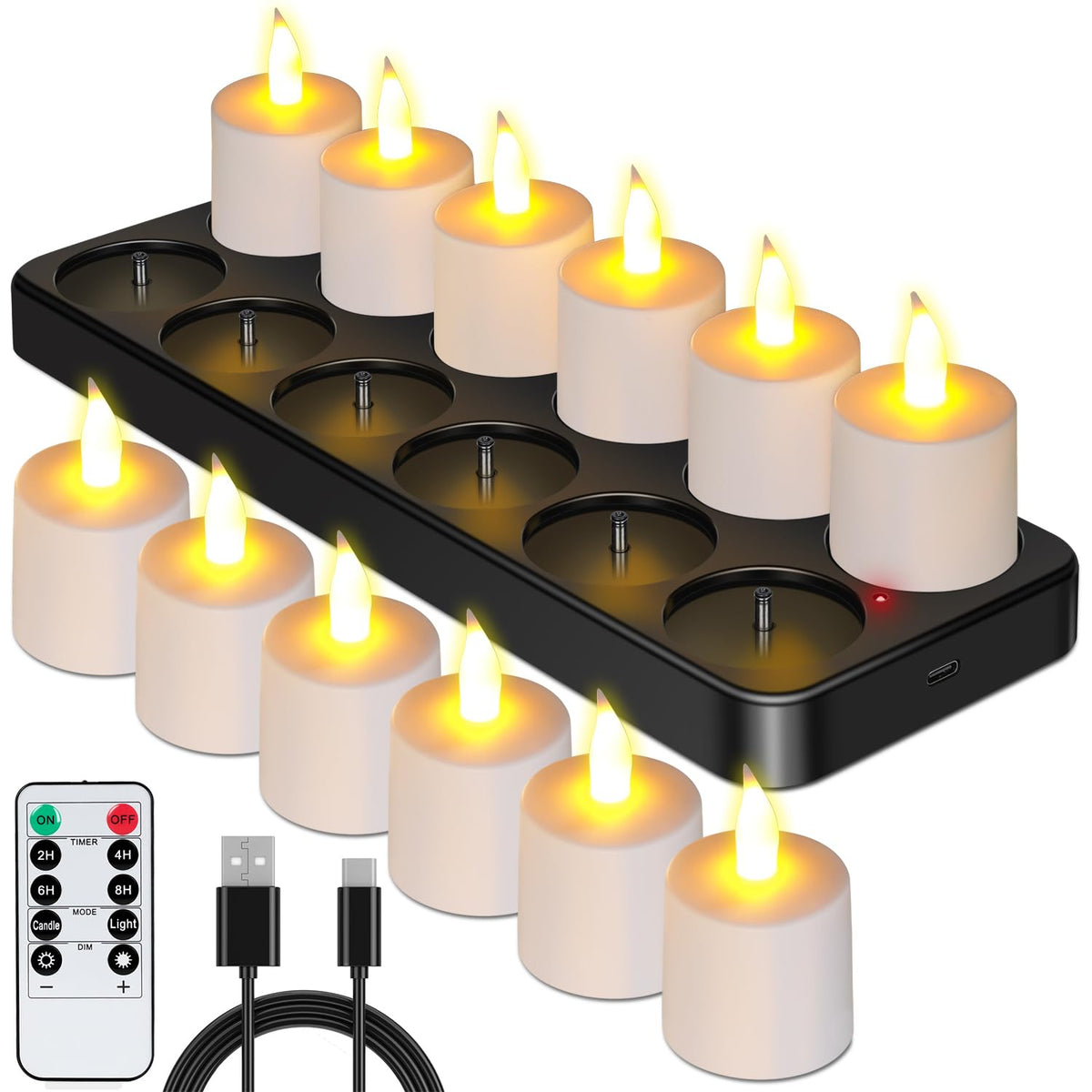 Esup rechargeable tea light set on base for continuous glow without replacements