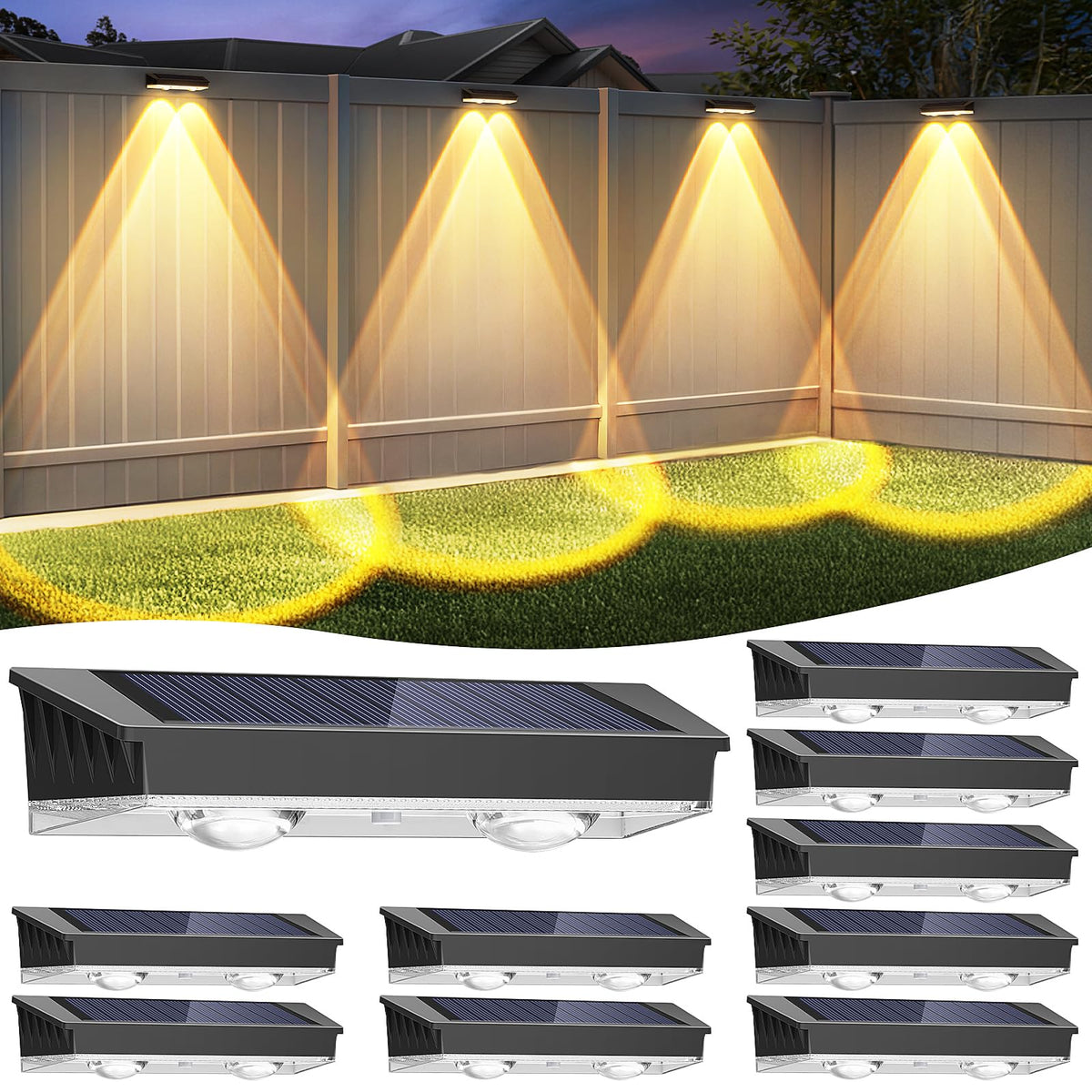 Etetale solar fence light illuminating a cozy backyard ambiance at dusk