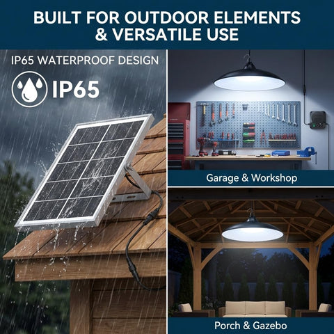 Etetale solar pendant lighting illuminating a shed doorway at dusk.