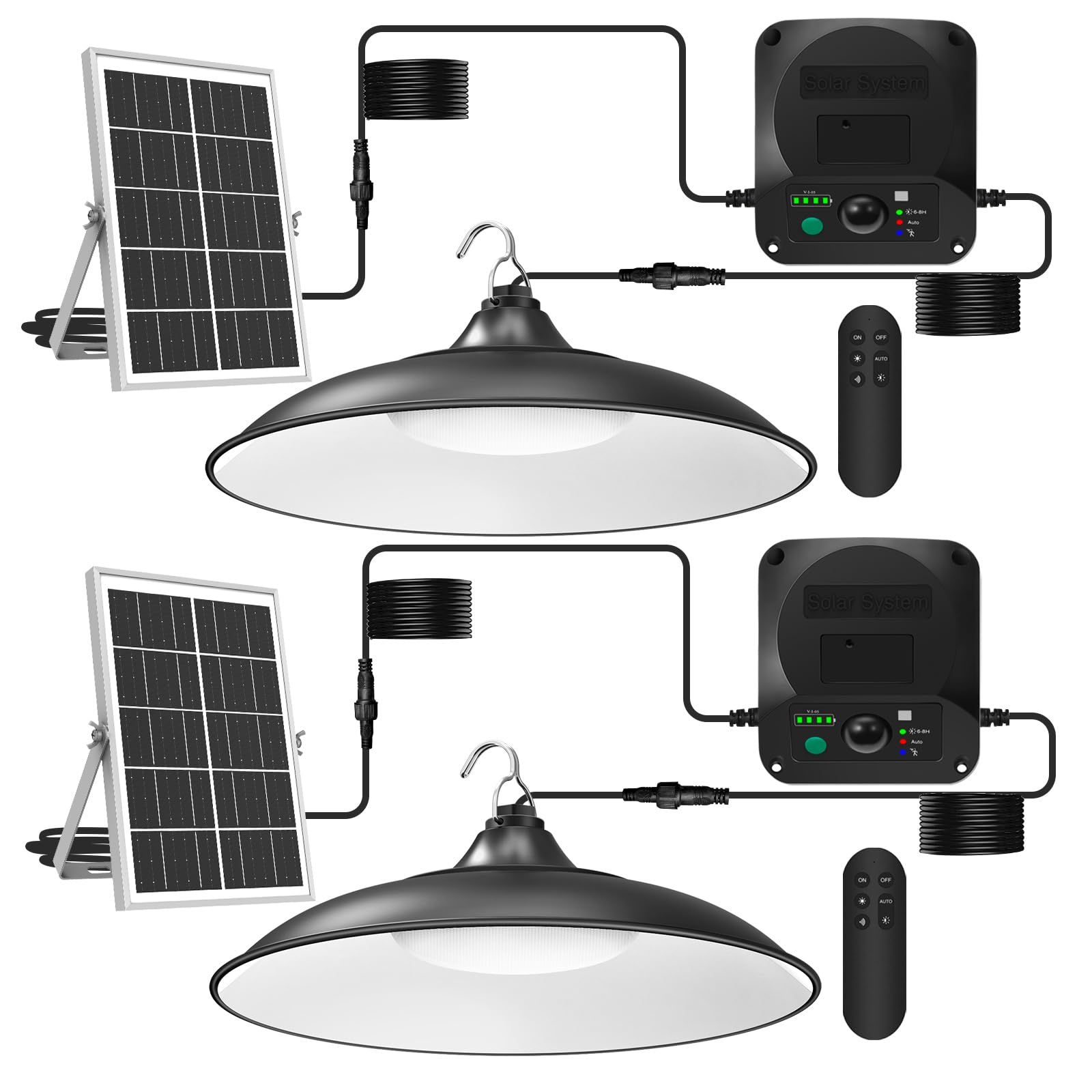 Etetale solar shed light pendant with power box indicator for quick status checks during outdoor tasks.
