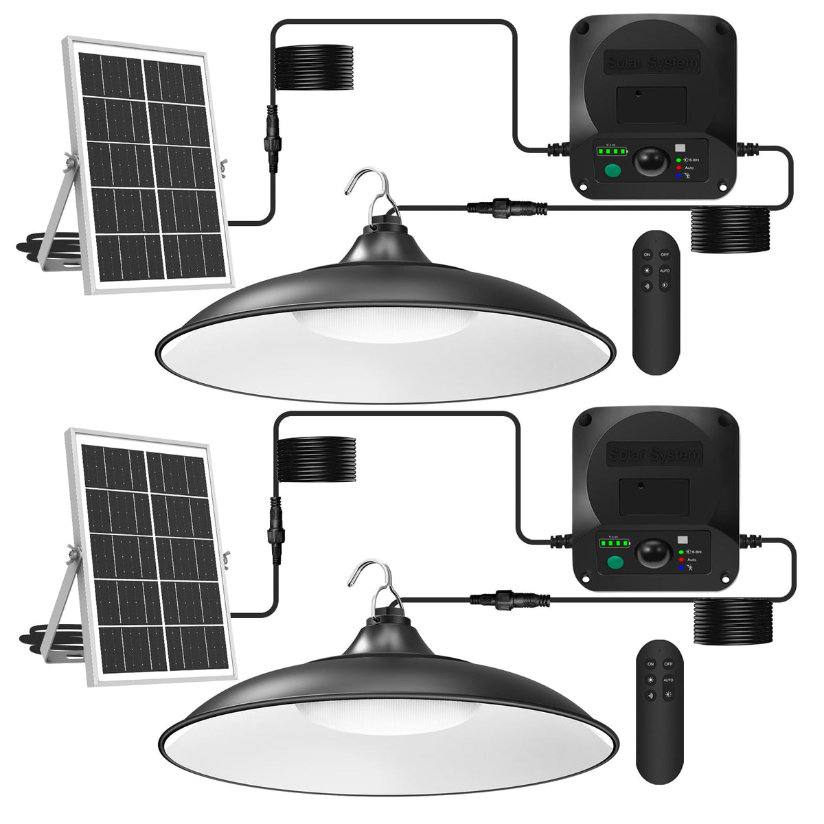 Etetale solar shed light pendant with power box indicator for quick status checks during outdoor tasks.