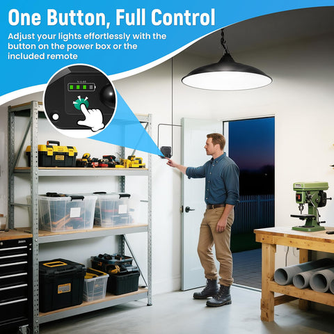 Etetale solar shed light pendant with remote control for convenient lighting from a distance.
