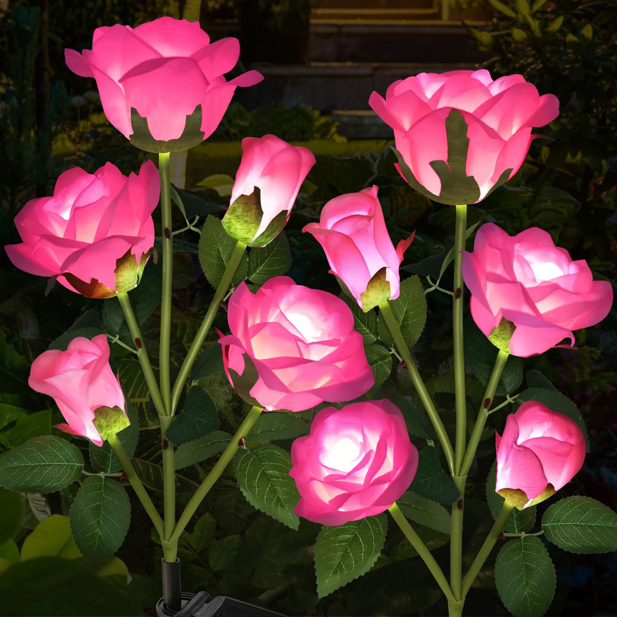 Etre Jeune five-head rose solar garden lights illuminate your path with a lifelike bloom.