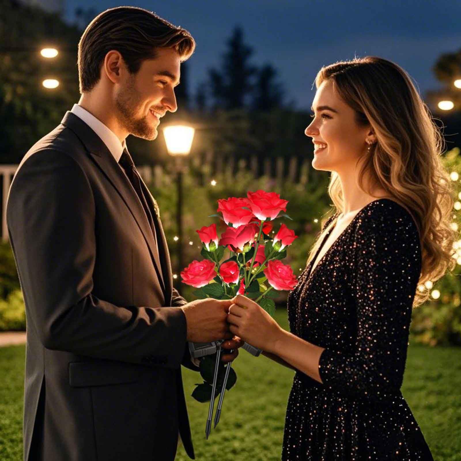 Etre Jeune solar rose lights 2-pack ready for gifting or display.