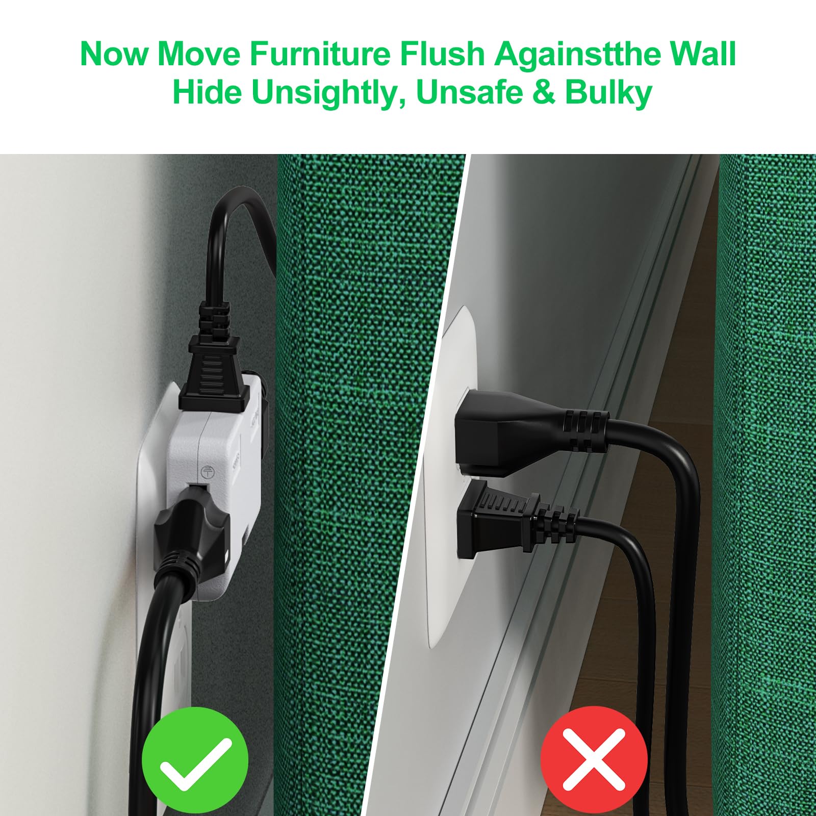 ETwinCoo flat wall plug close-up shows slim design for tight outlets.
