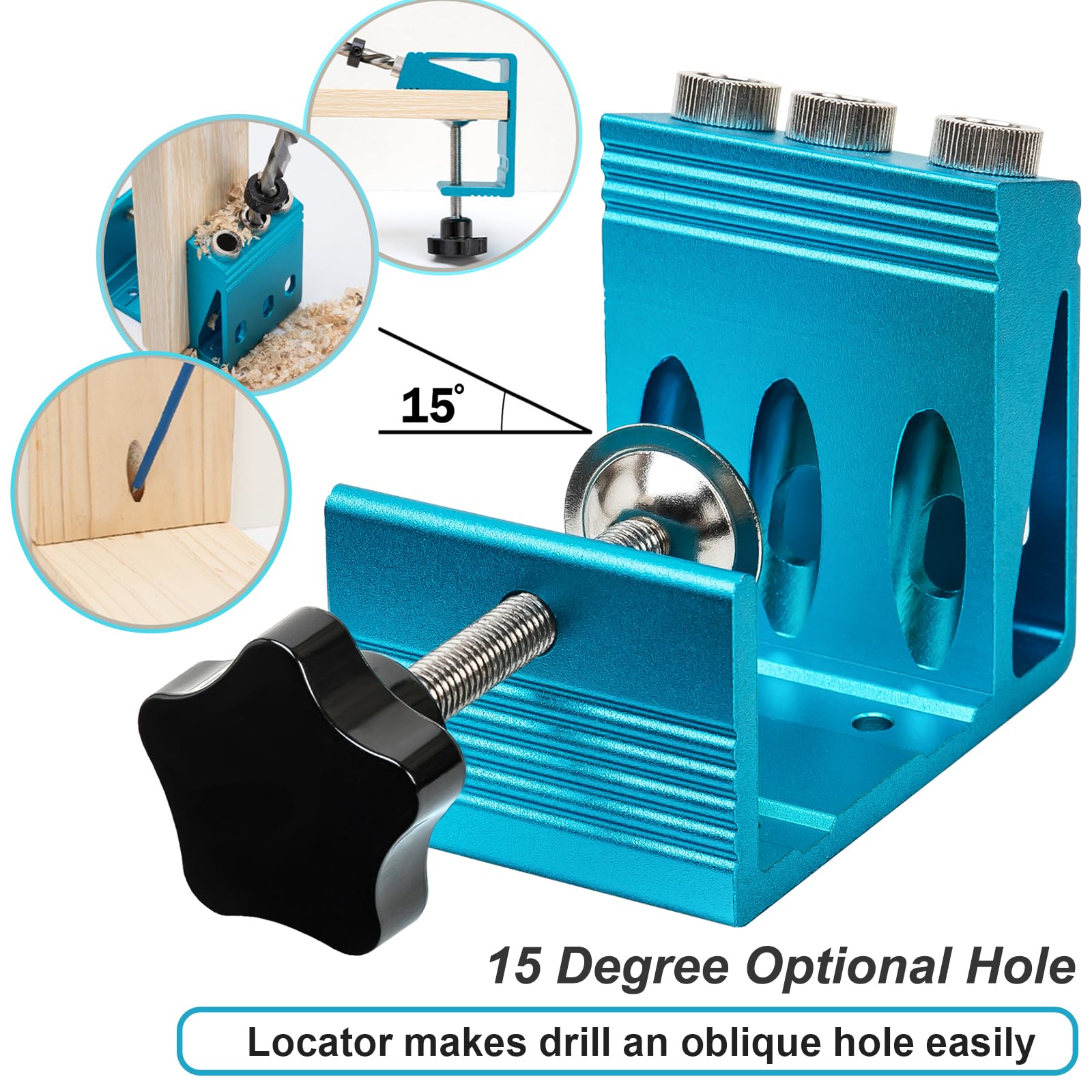EUASOO pocket hole jig kit demonstrates 3-way tilt for flush joinery on rails.