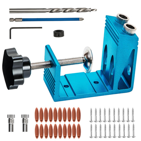 EUASOO pocket hole jig kit angle setup for precise 15-degree drill alignment in cabinetry
