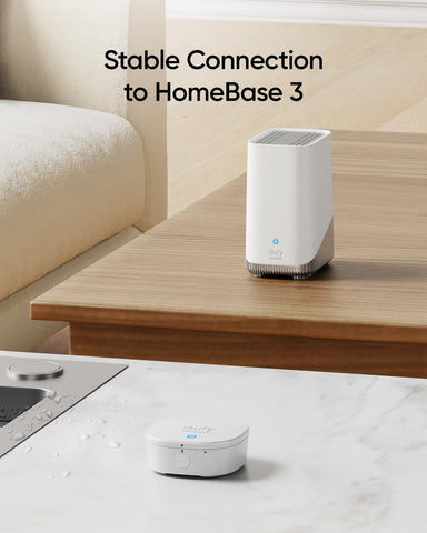 eufy Security Water and Freeze Sensor app control screen highlights centralized alerts and battery status.