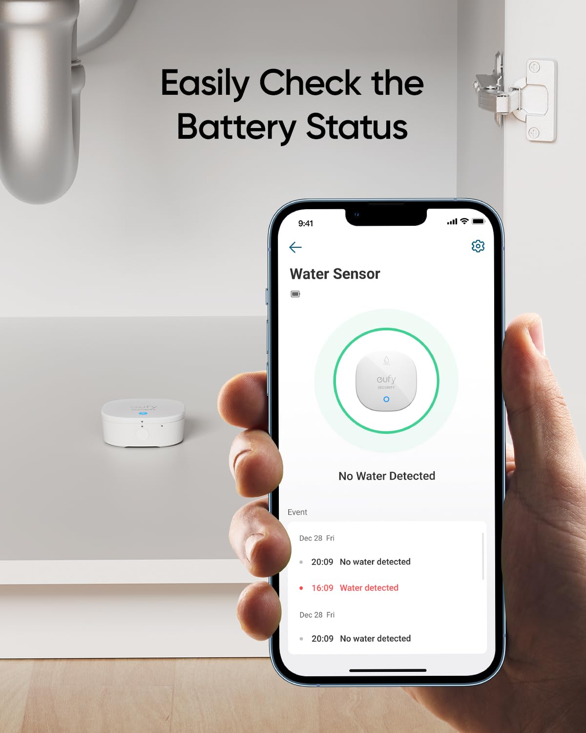 eufy Security Water and Freeze Sensor connected to HomeBase illustrating stable sub-1G link.