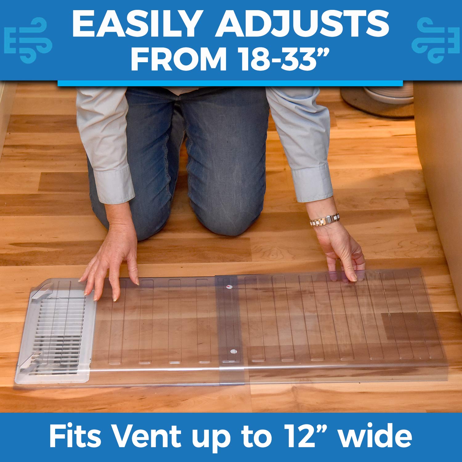 Eureka Air extendable vent extender shows a 33 inch reach for flexible room layouts