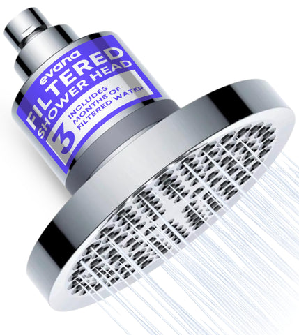 EVANA filtered shower head chrome close-up highlights the filter cartridge reducing chlorine and heavy metals.
