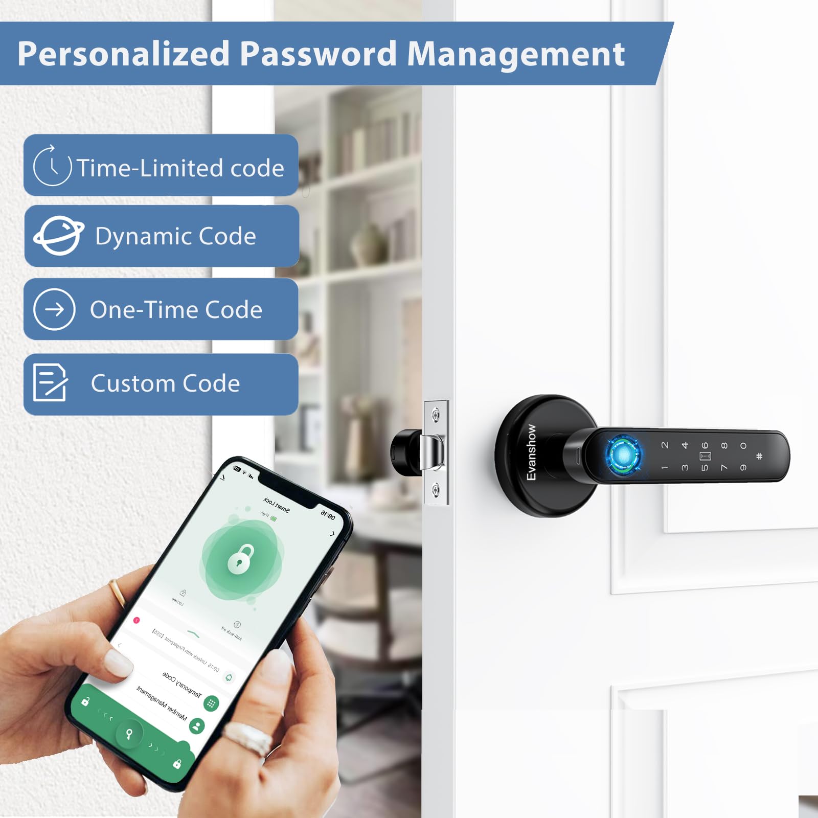Evanshow biometric door knob close-up highlighting fingerprint sensor