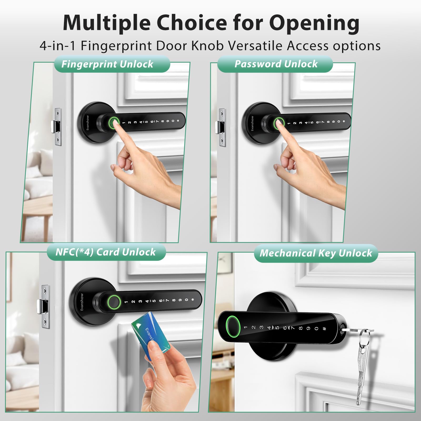 Evanshow fingerprint door lock keypad close-up highlighting code entry option for guests
