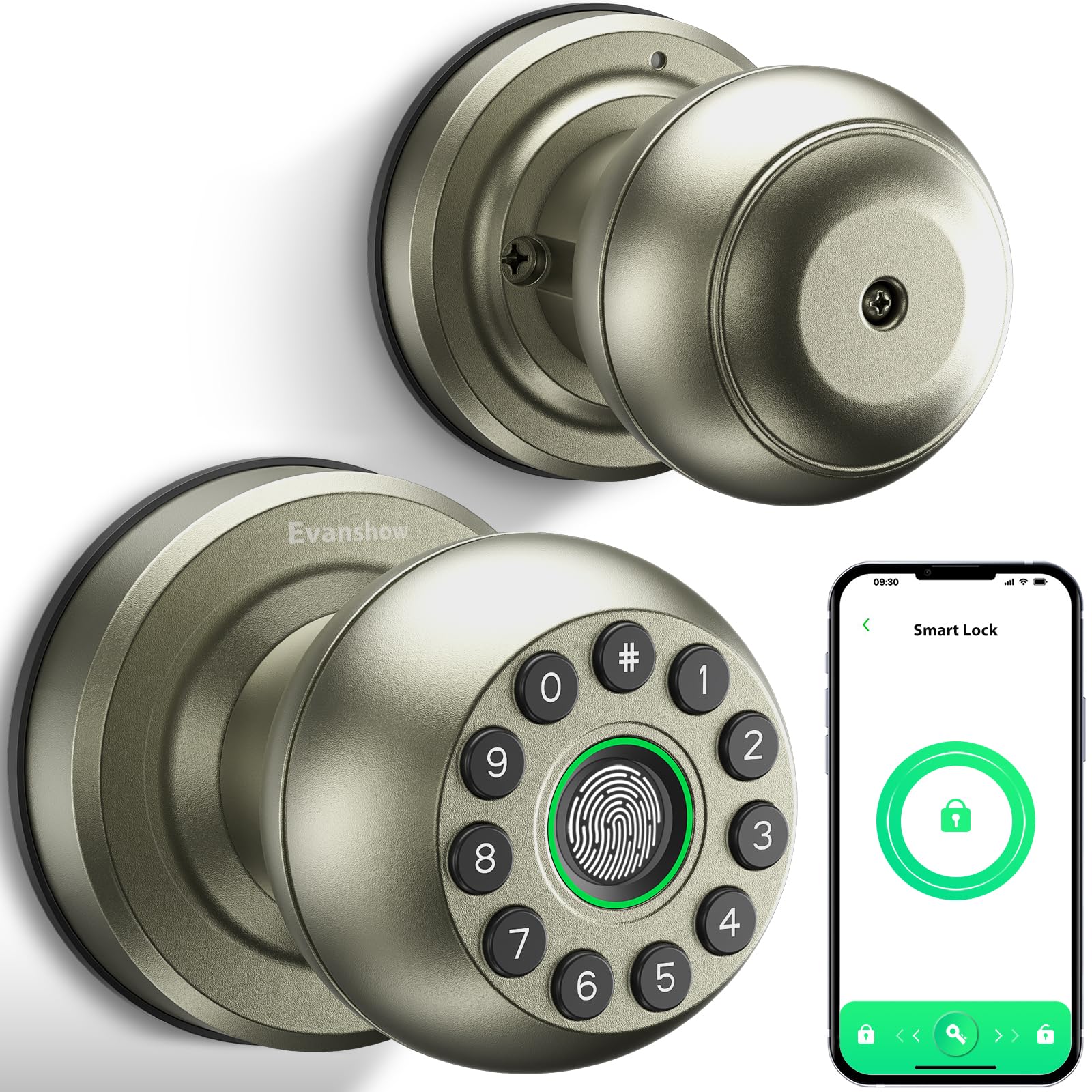 Evanshow Smart Door Knob fingerprint unlock close-up, fast access for busy households.
