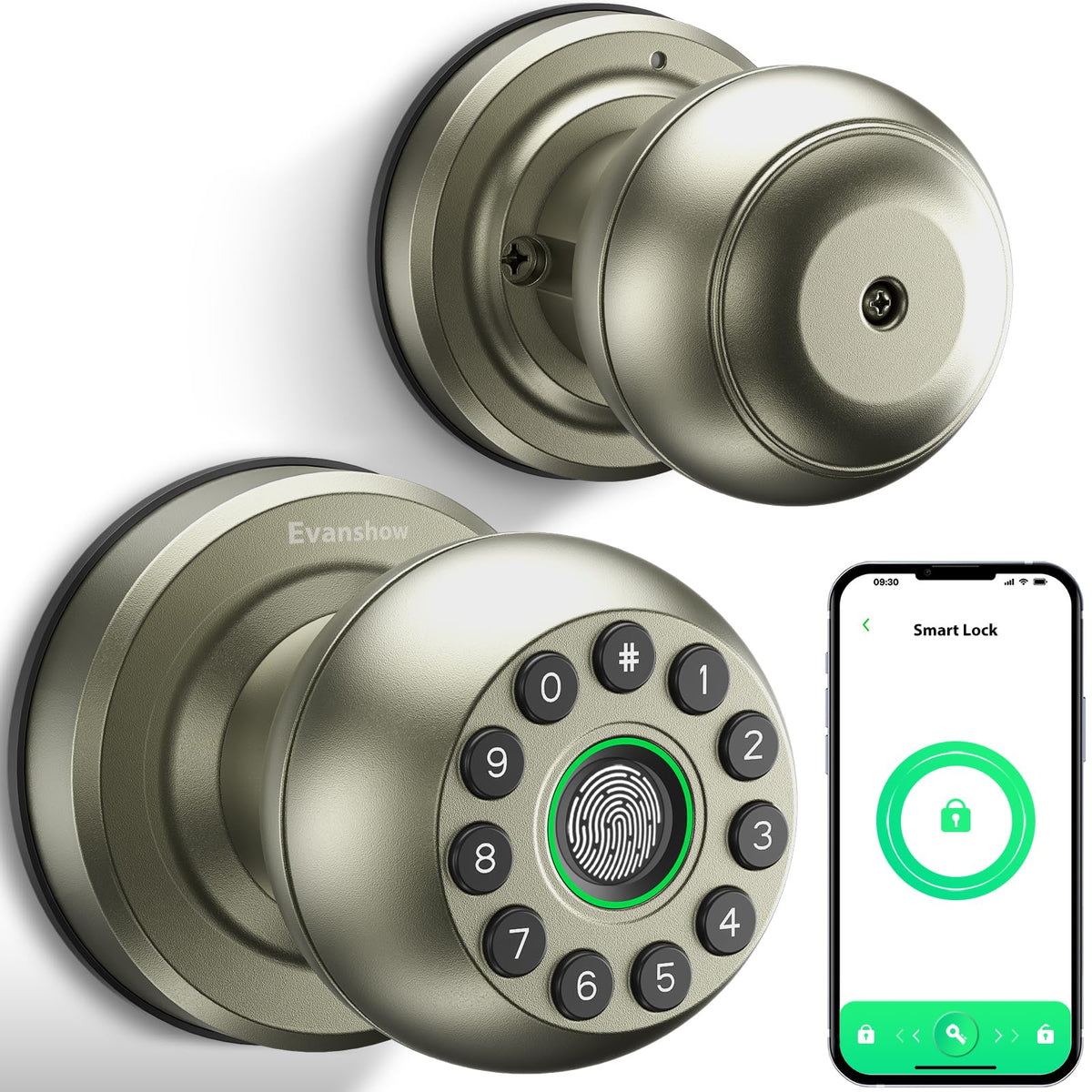 Evanshow Smart Door Knob fingerprint unlock close-up, fast access for busy households.