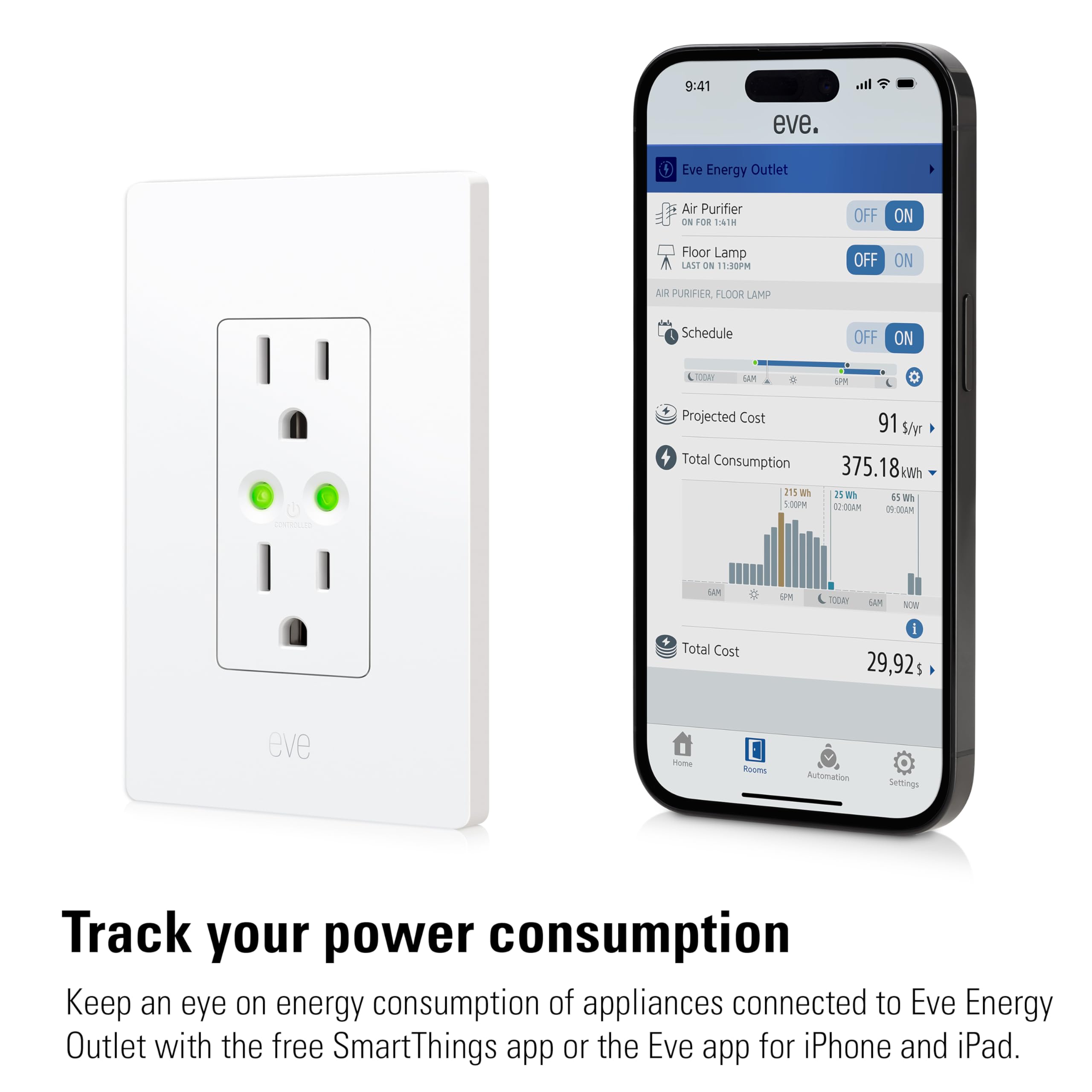 Eve Energy Outlet compatible with Apple Home shows seamless smart home integration.