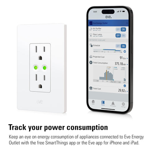 Eve Energy Outlet compatible with Apple Home shows seamless smart home integration.