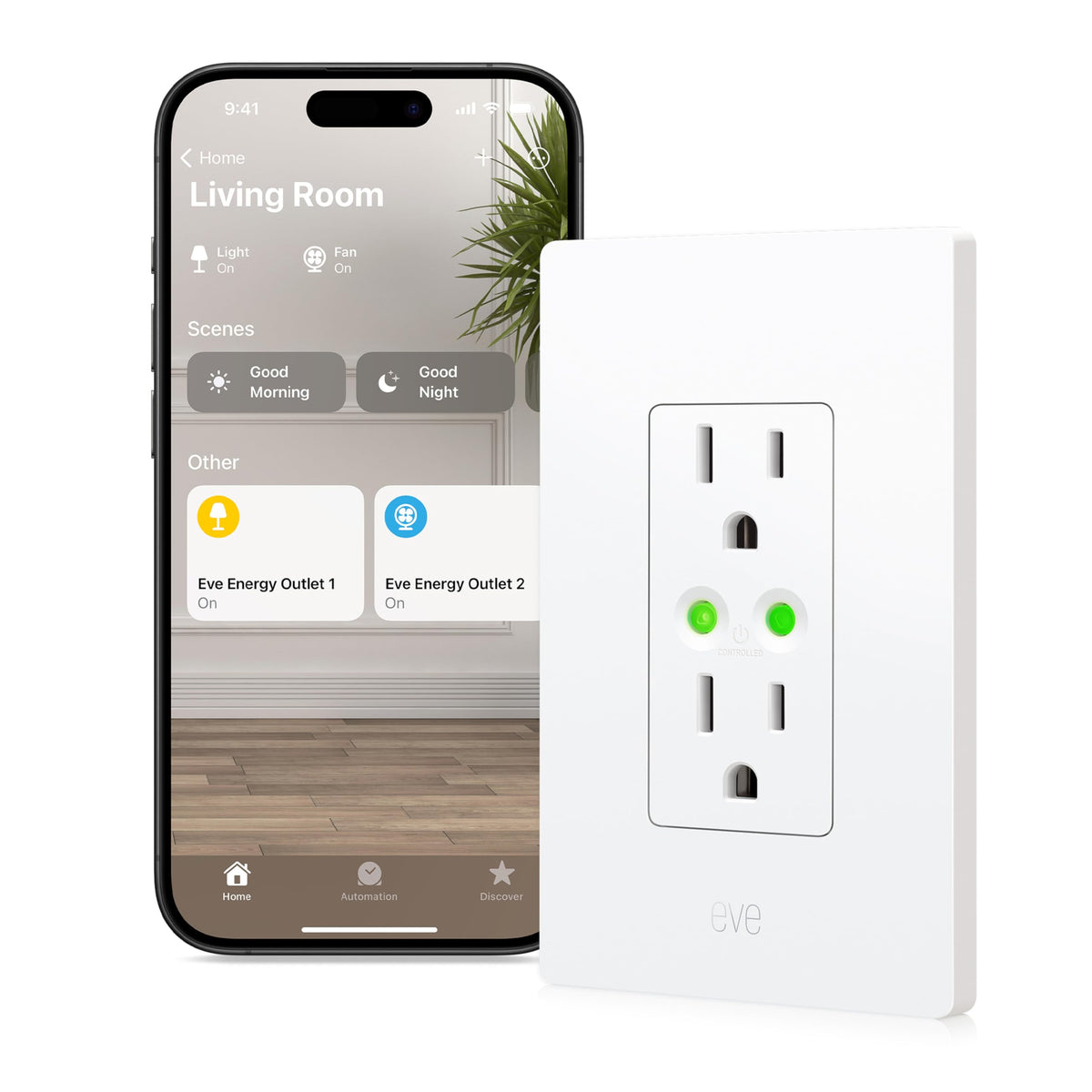 Eve Energy Outlet Matter front view showcases compact design for easy setup.