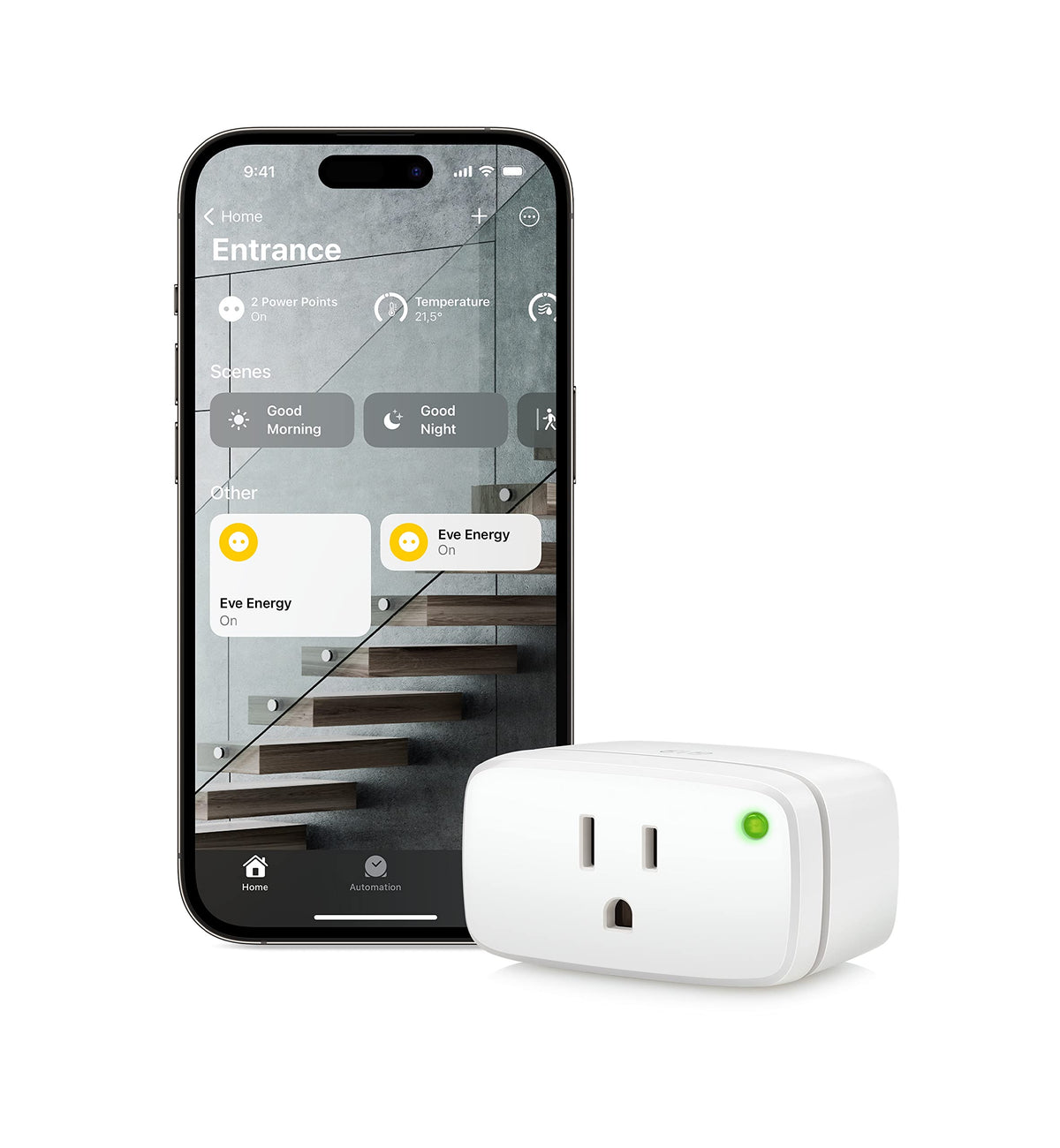 Eve Energy smart plug setup scene, quick installation and ready-to-use control.