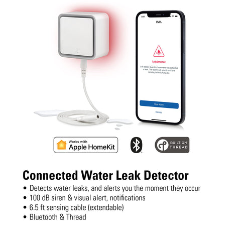 Eve Water Guard sensing cable 6.5 ft covers large areas for effective monitoring.