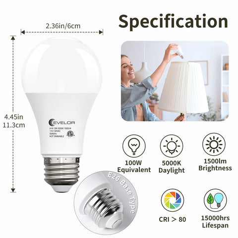Evelor A19 LED daylight 5000K for bright, daylight-like illumination