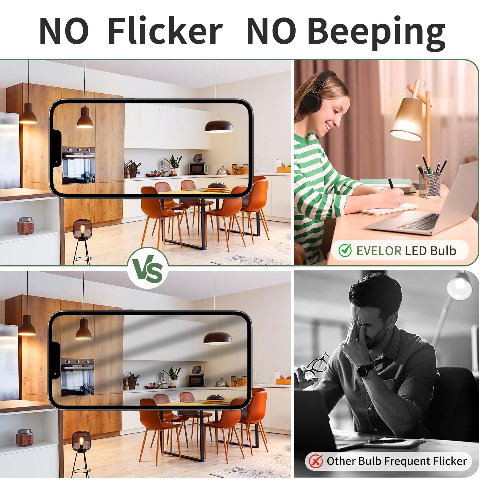 Anti-flicker design for smooth lighting in work areas.