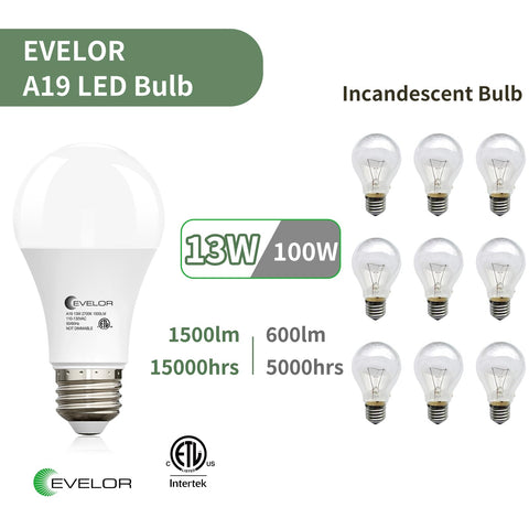 Non-dimmable Evelor A19 LED bulb with stable E26 base.