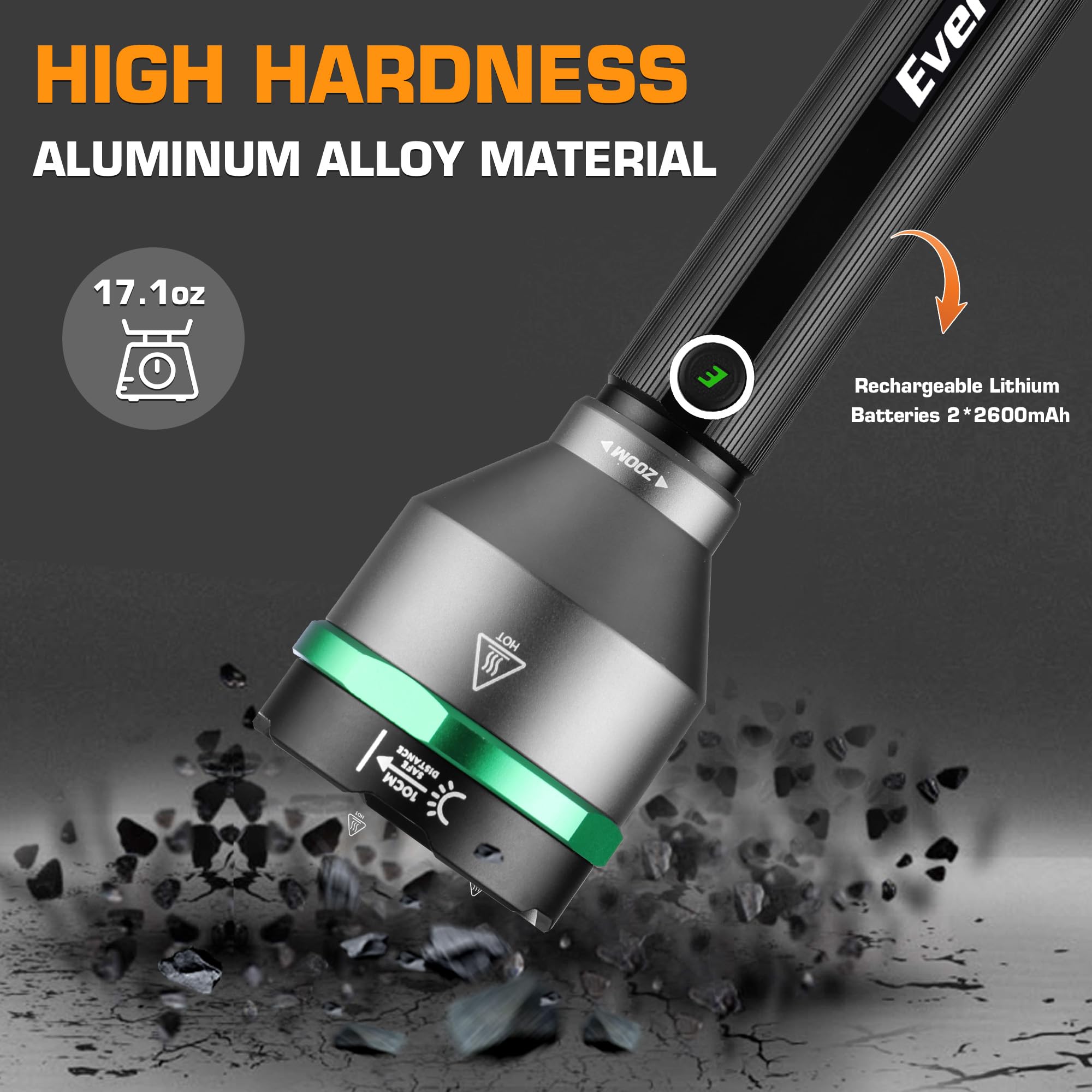 EverBrite 5000-lumen flashlight aluminum body durable against drops in rugged terrain