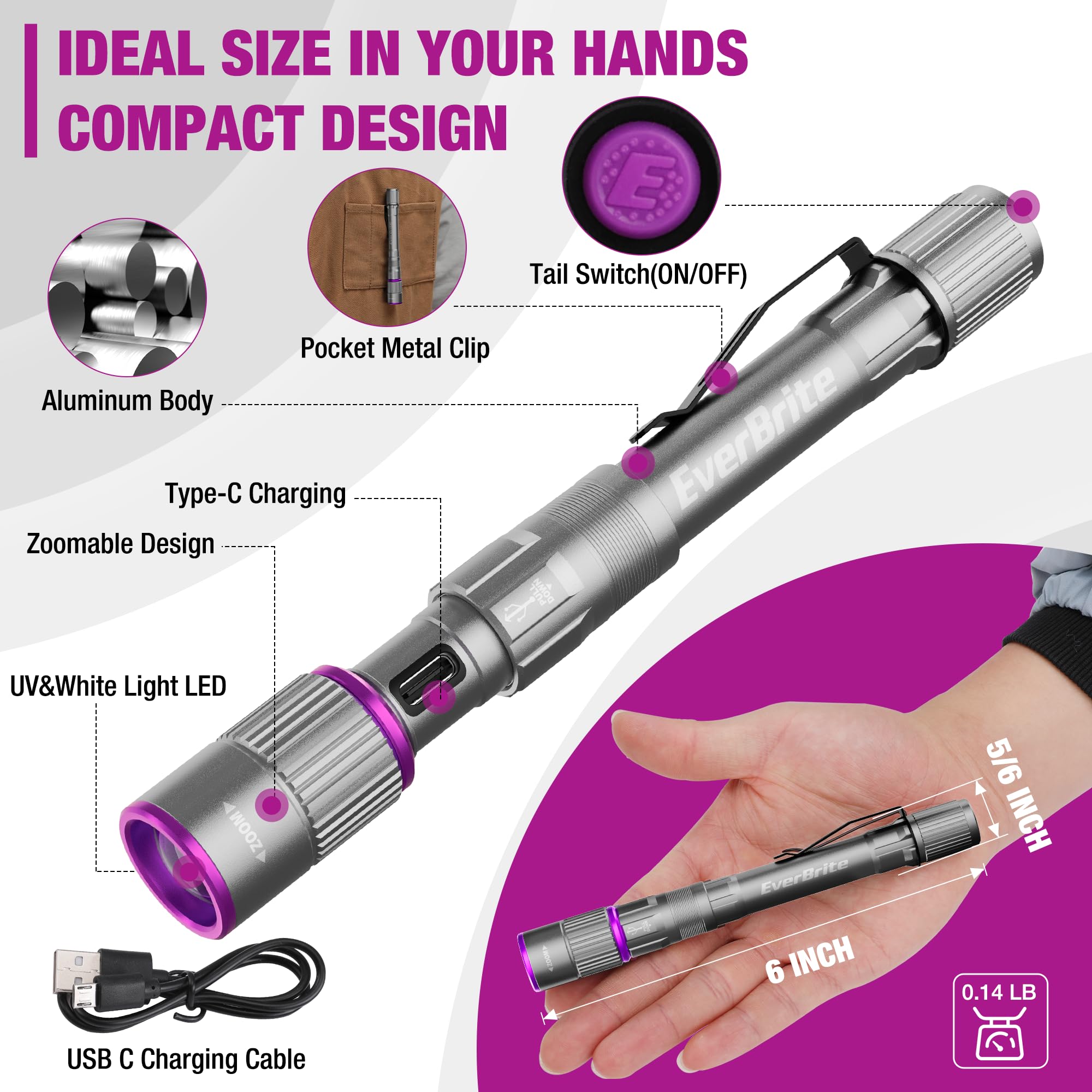 EverBrite zoomable beam shifts from flood to spotlight.