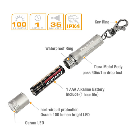 EverBrite Keychain LED Flashlight IPX4 water resistance for rain and snow readiness.