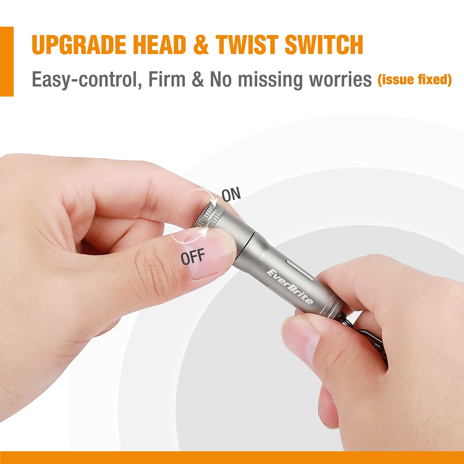 EverBrite Keychain LED Flashlight tail-cap view, durable pocket torch.