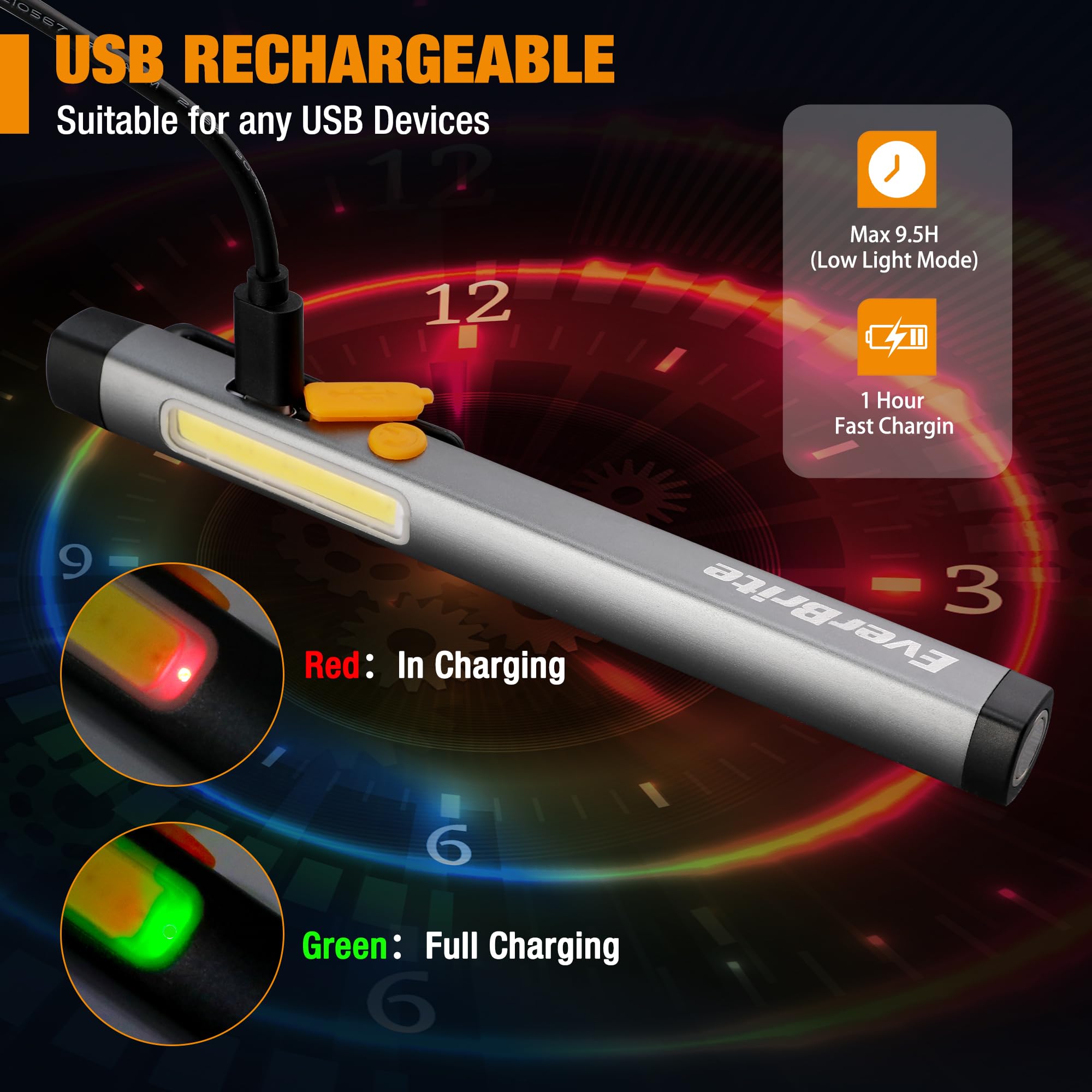 EverBrite pen flashlight COB sidelights activated for hands-free work illumination.