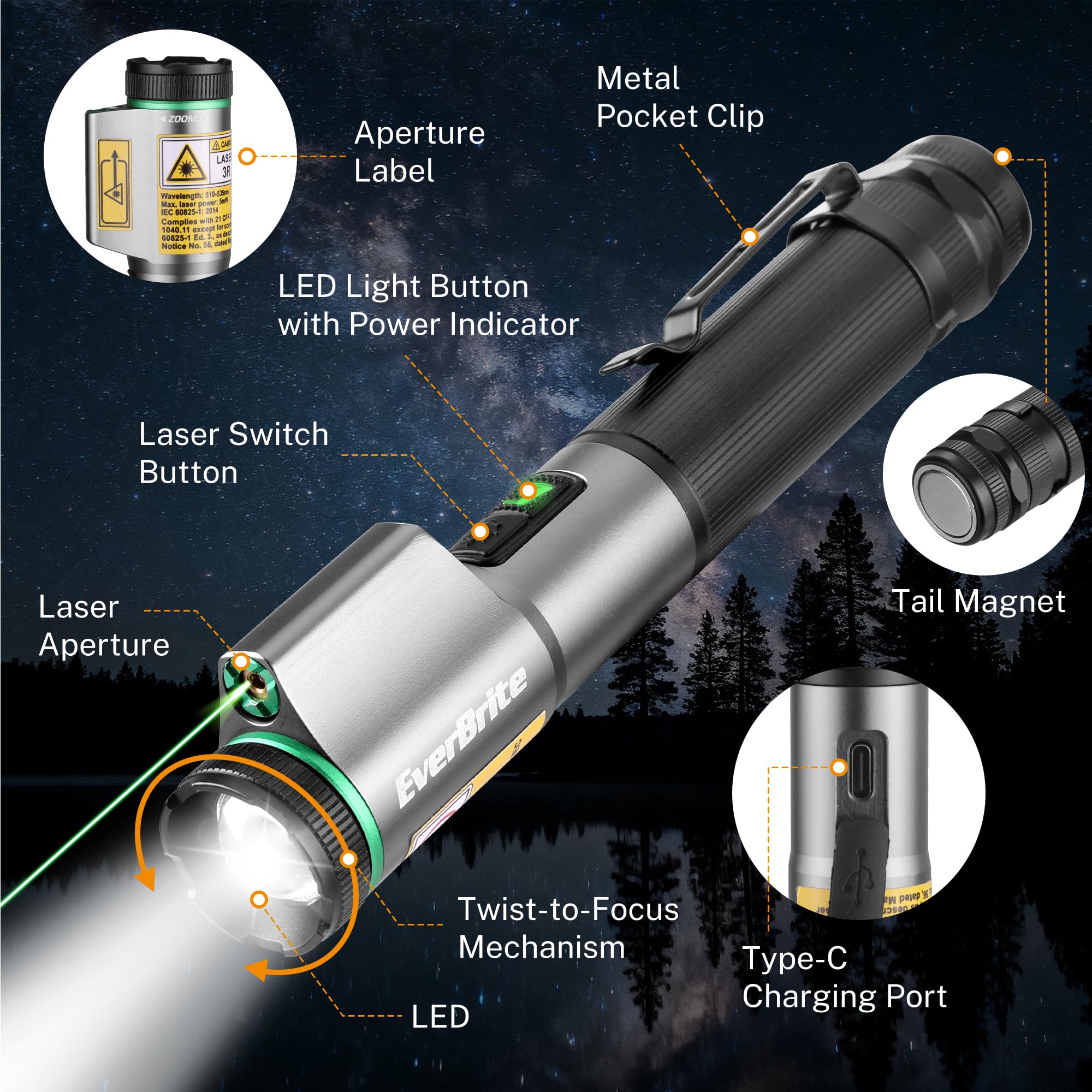 EverBrite flashlight with green laser pointer for precise signaling.
