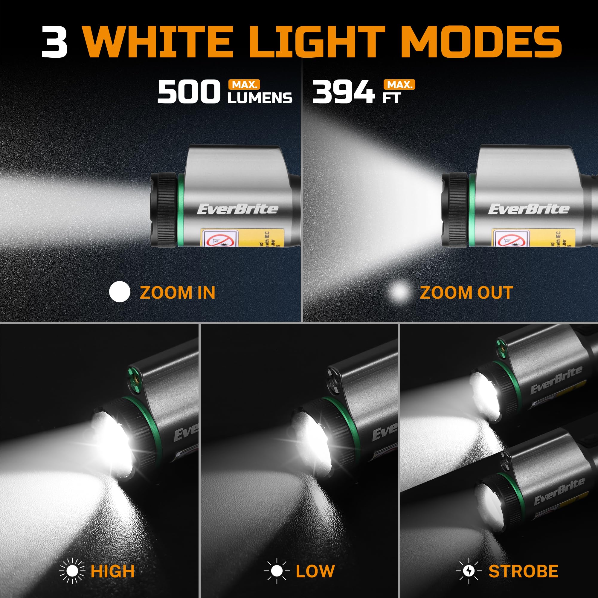 EverBrite zoomable head delivers wide flood and focused spot.