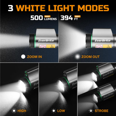 EverBrite zoomable head delivers wide flood and focused spot.