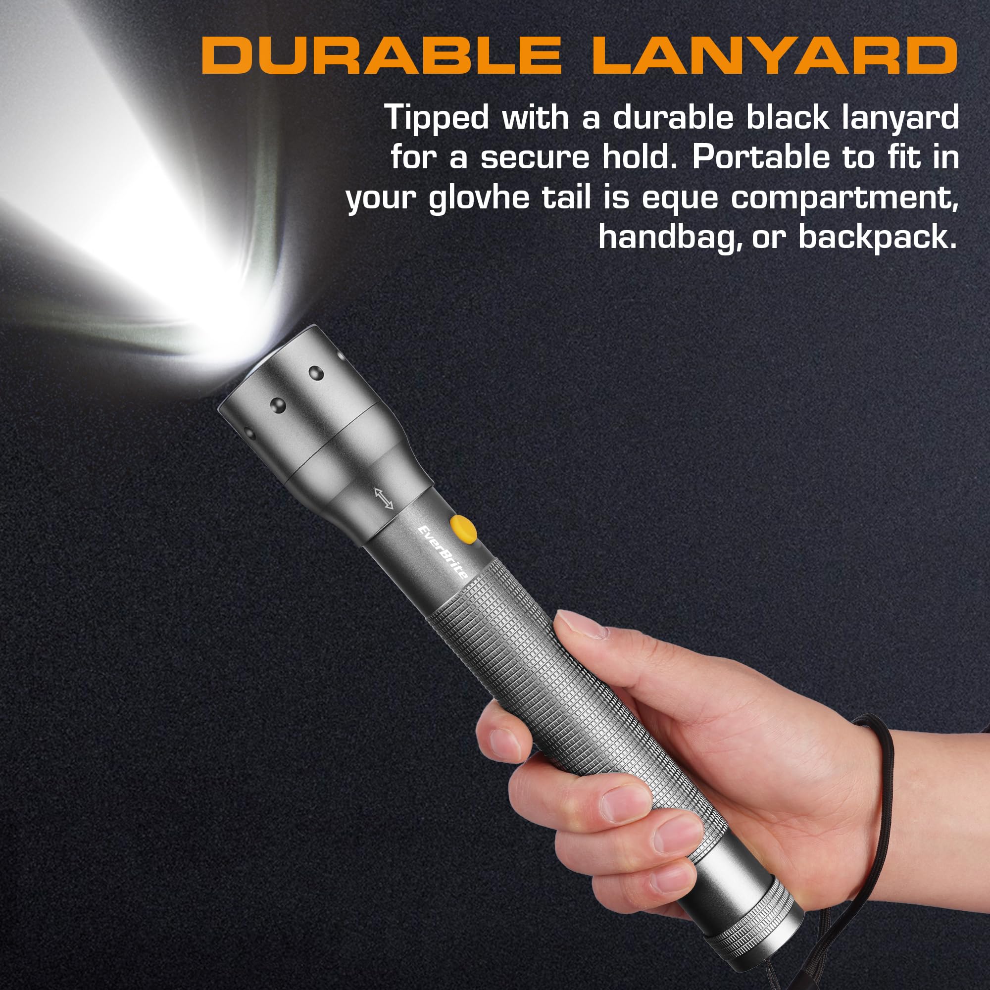 EverBrite flashlight highlighting high, low, and strobe modes