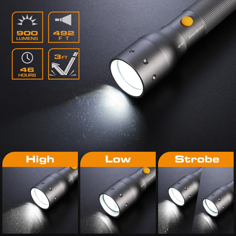 EverBrite flashlight zoom beam demonstrates long-range visibility outdoors