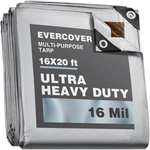 Evercover tarp 16x20 all-weather silver protects belongings from rain and sun