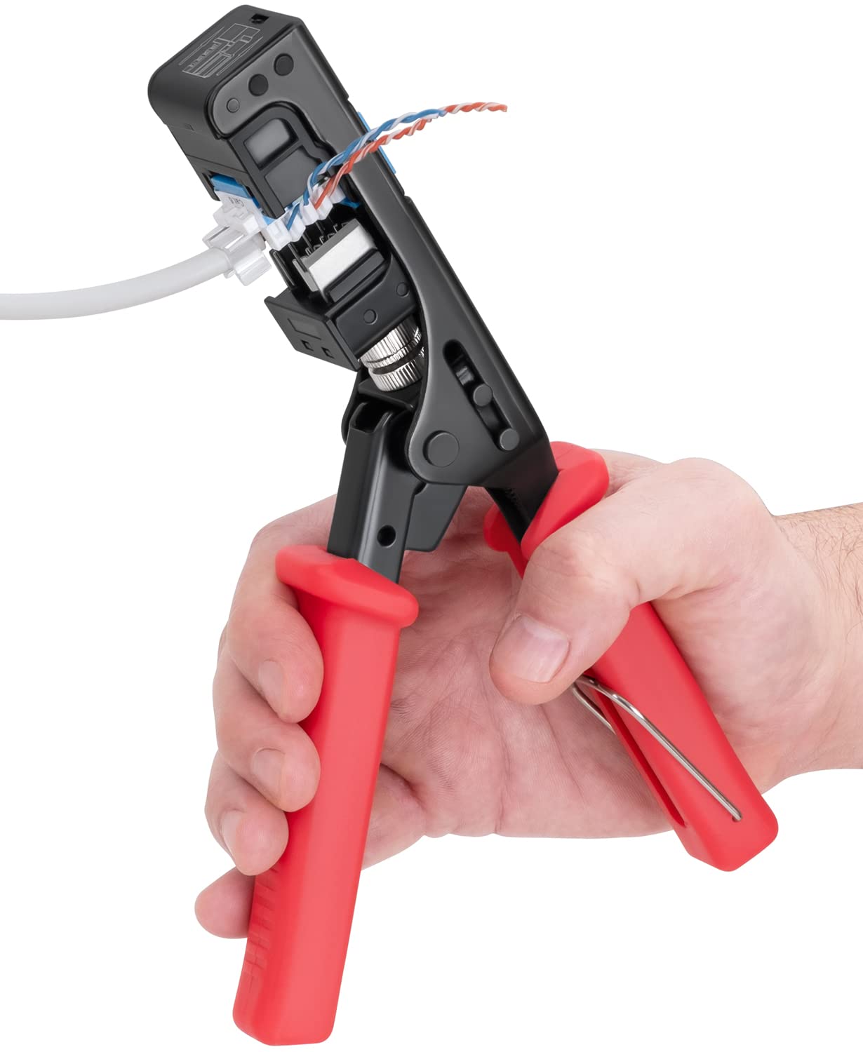 Everest 45Term angled tool in action showing fast punch-down for keystone jacks