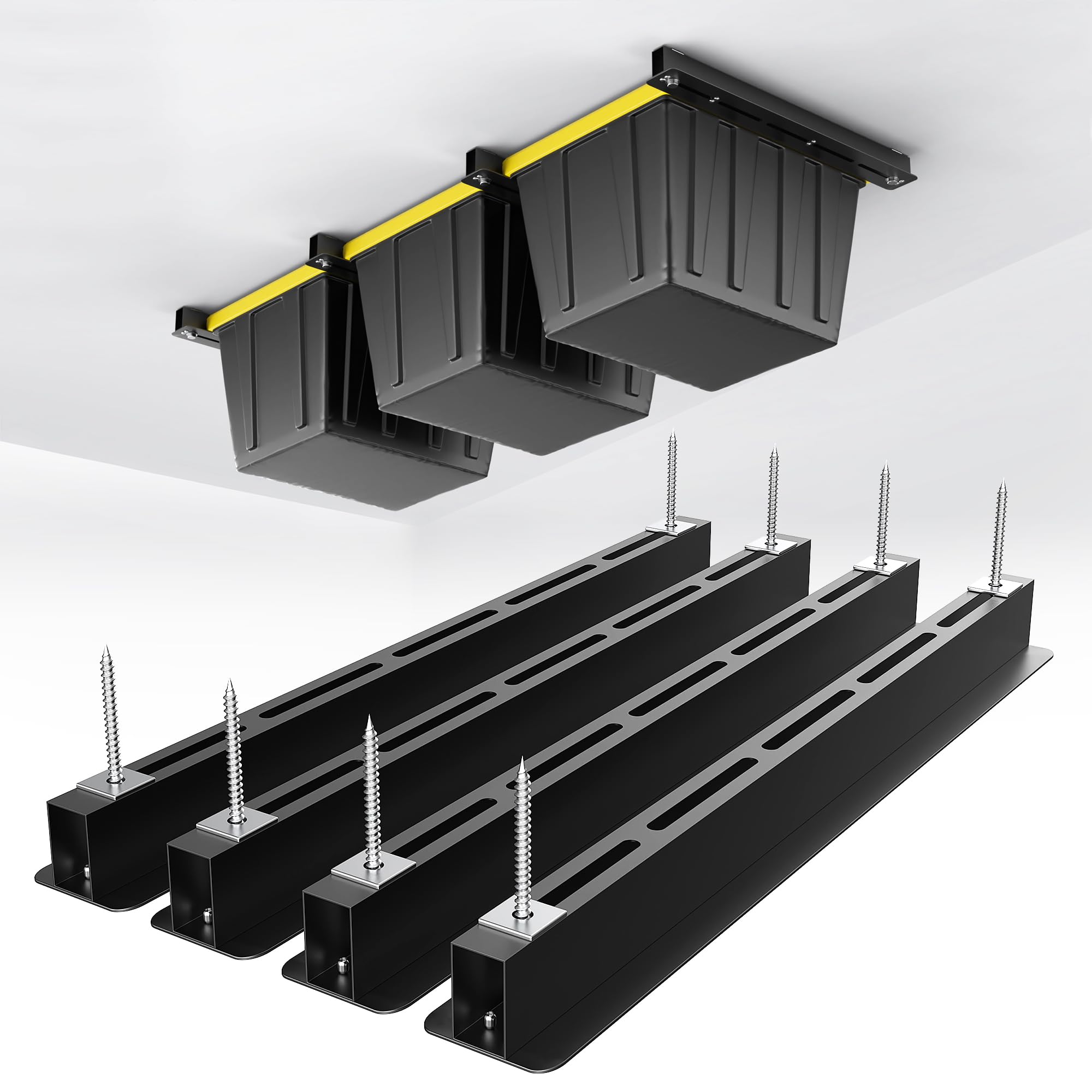 EVERHANGER ceiling storage rack overview demonstrates space-saving design for a cluttered garage.