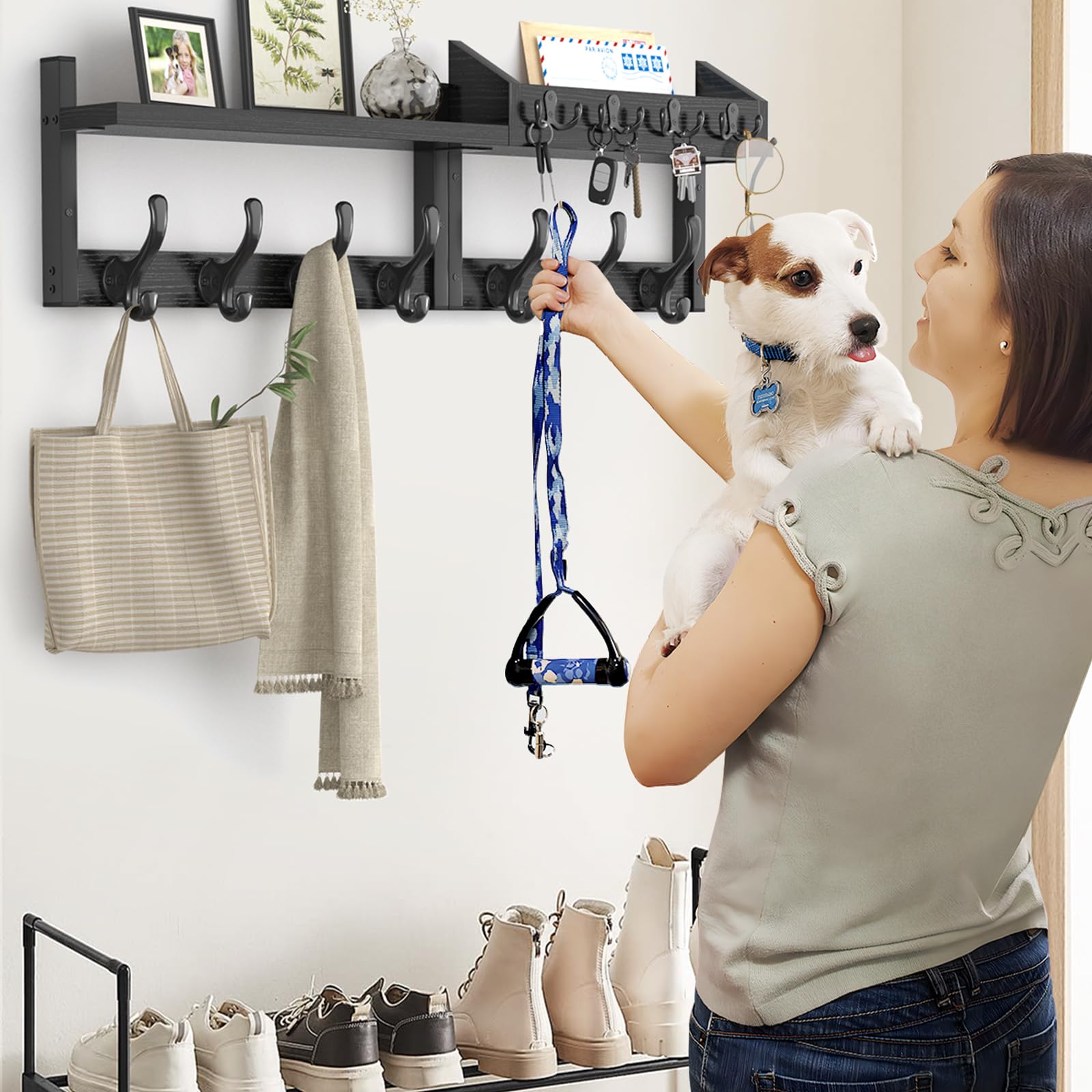Evermagin coat rack in use with coats and bags by the door.