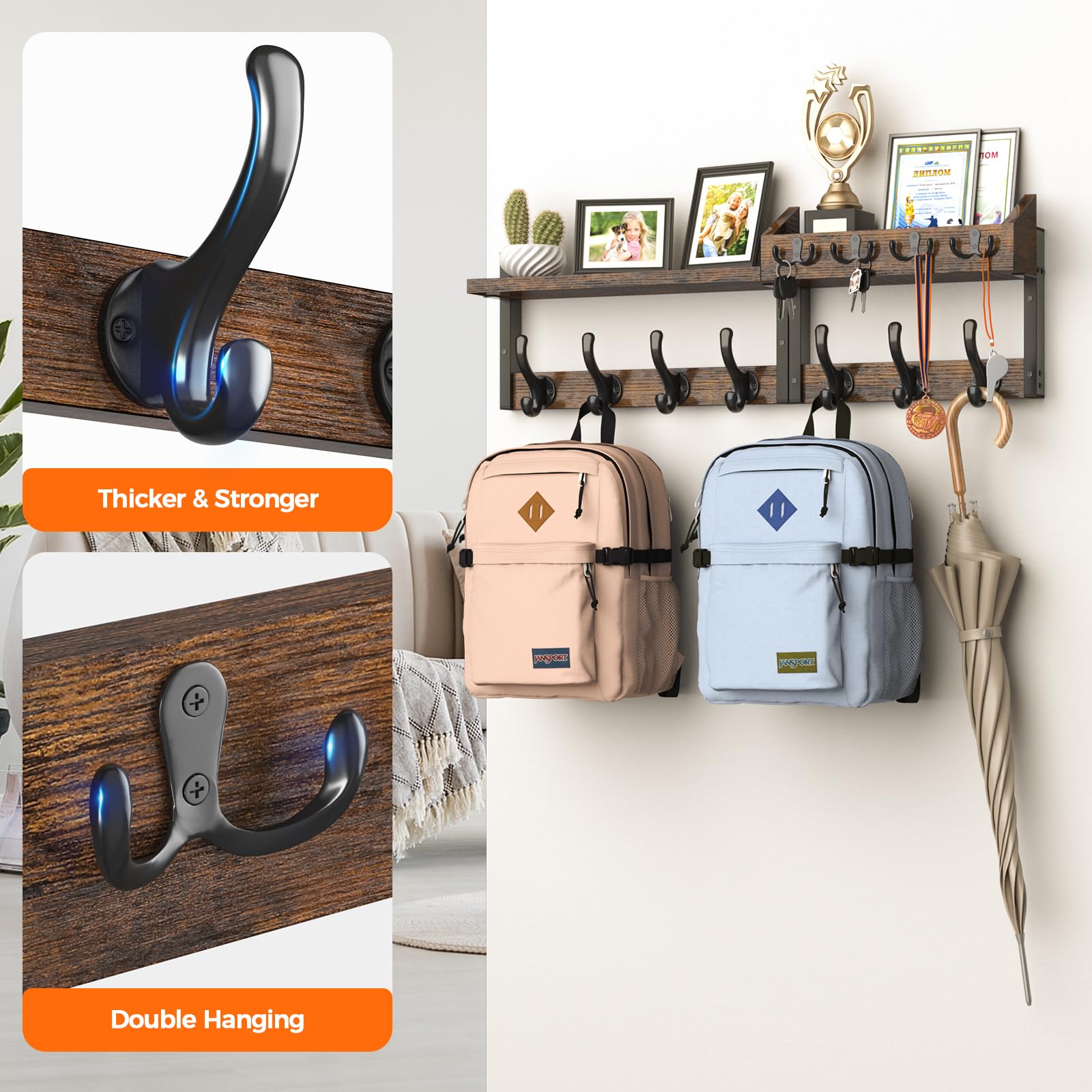 Evermagin key hanger and hooks keep bags and accessories organized.