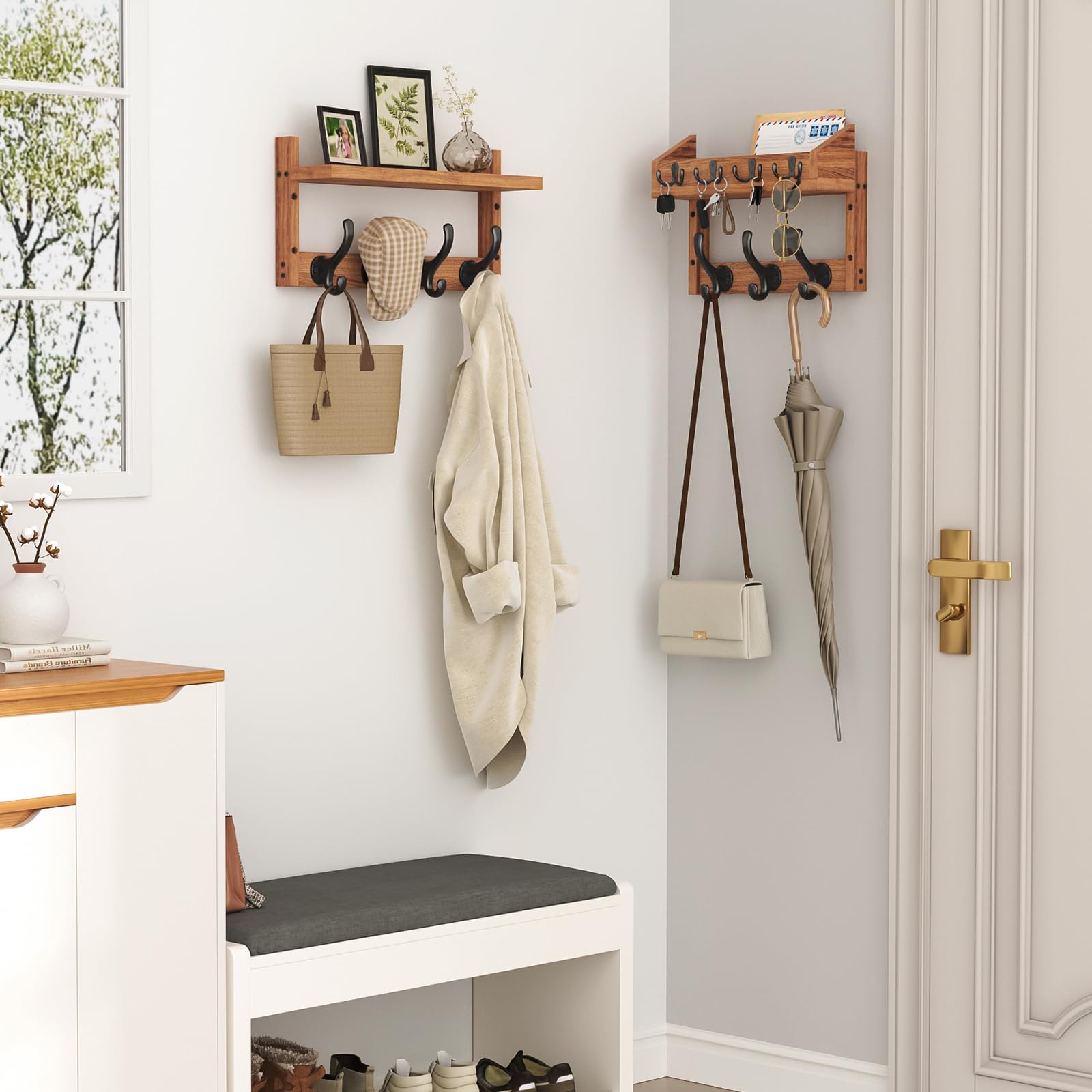 Solid pine construction provides durable hooks for coats, bags, and towels.