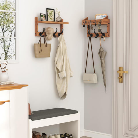 Solid pine construction provides durable hooks for coats, bags, and towels.
