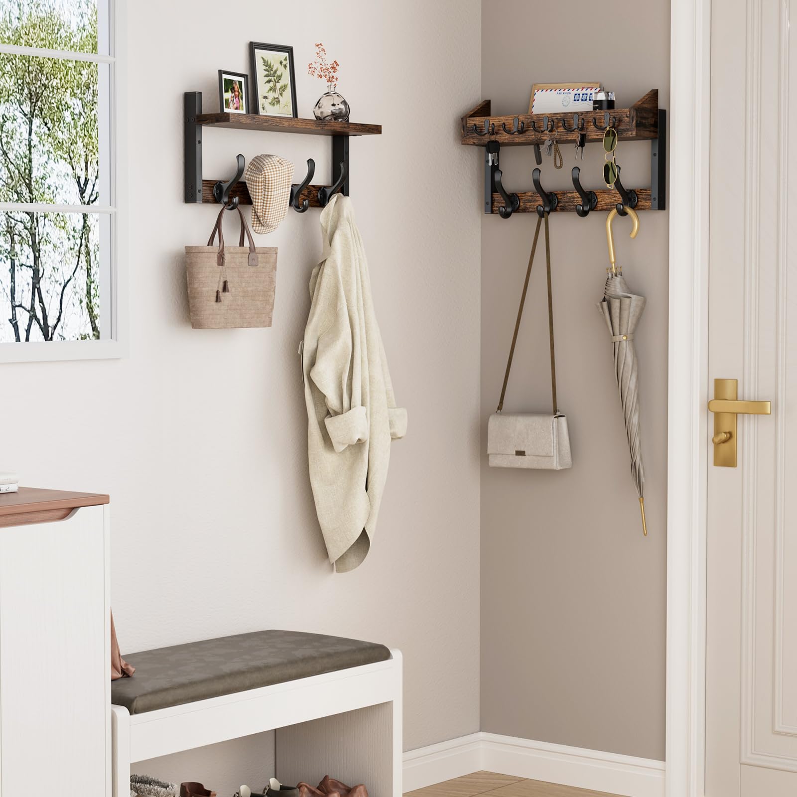 Evermagin sturdy pine with 7 coat hooks supports heavy coats and purses.