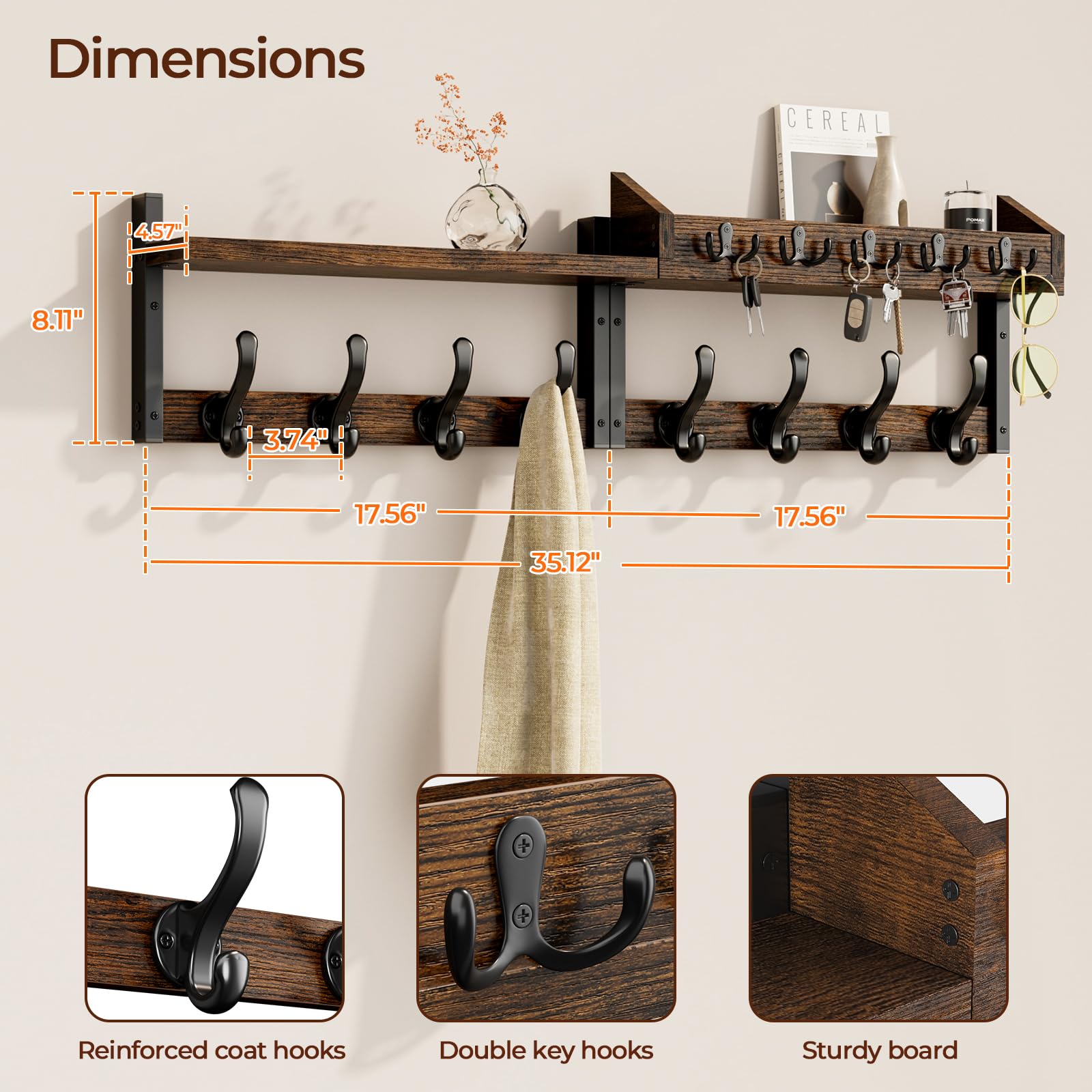 Evermagin wood shelf and 4-in-1 hooks keep jackets and bags neatly organized.